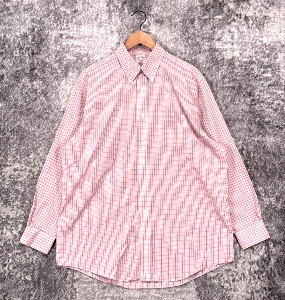 Brooks Brothers Dress Shirt 16.5 Mens Madison Fit Non Iron Pink Plaid Supima